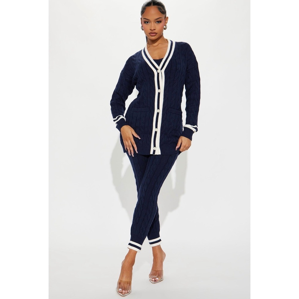Fashion Nova Cardigan Sweater Womens Size M Navy Blue Cable Knit Varsity Stripe - Picture 2 of 10